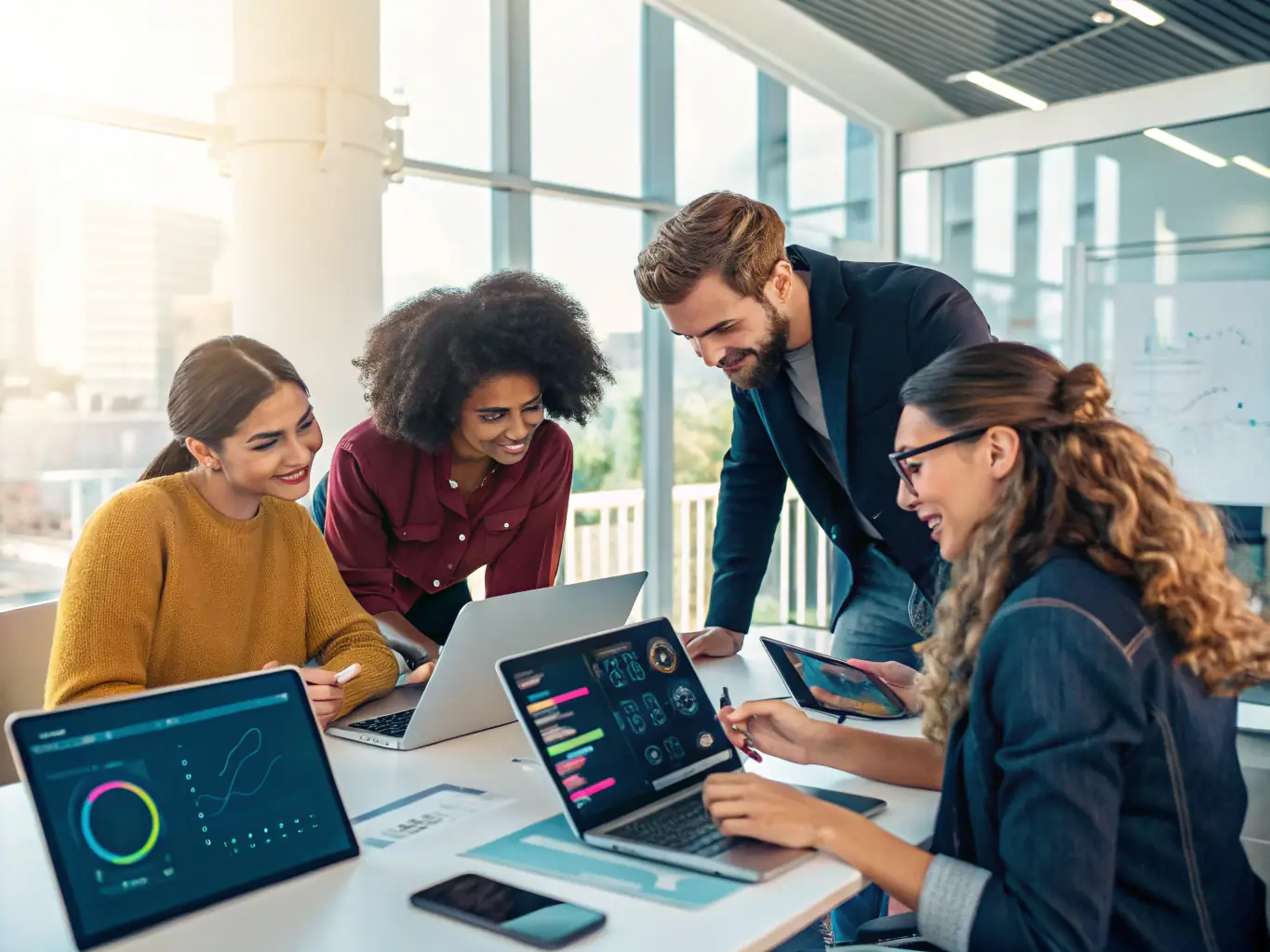 A team collaborating using iTransfluence's project management platform on multiple devices, including laptops and tablets. The image should emphasize teamwork and communication.