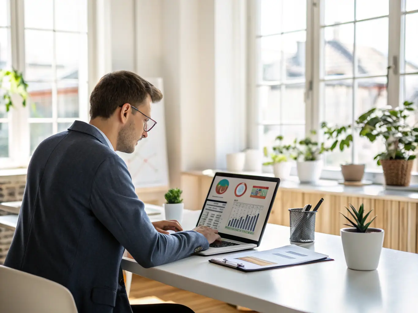 A project manager using iTransfluence's software on a laptop, showcasing a Gantt chart with tasks, timelines, and resource allocation. The image should convey efficiency and control.