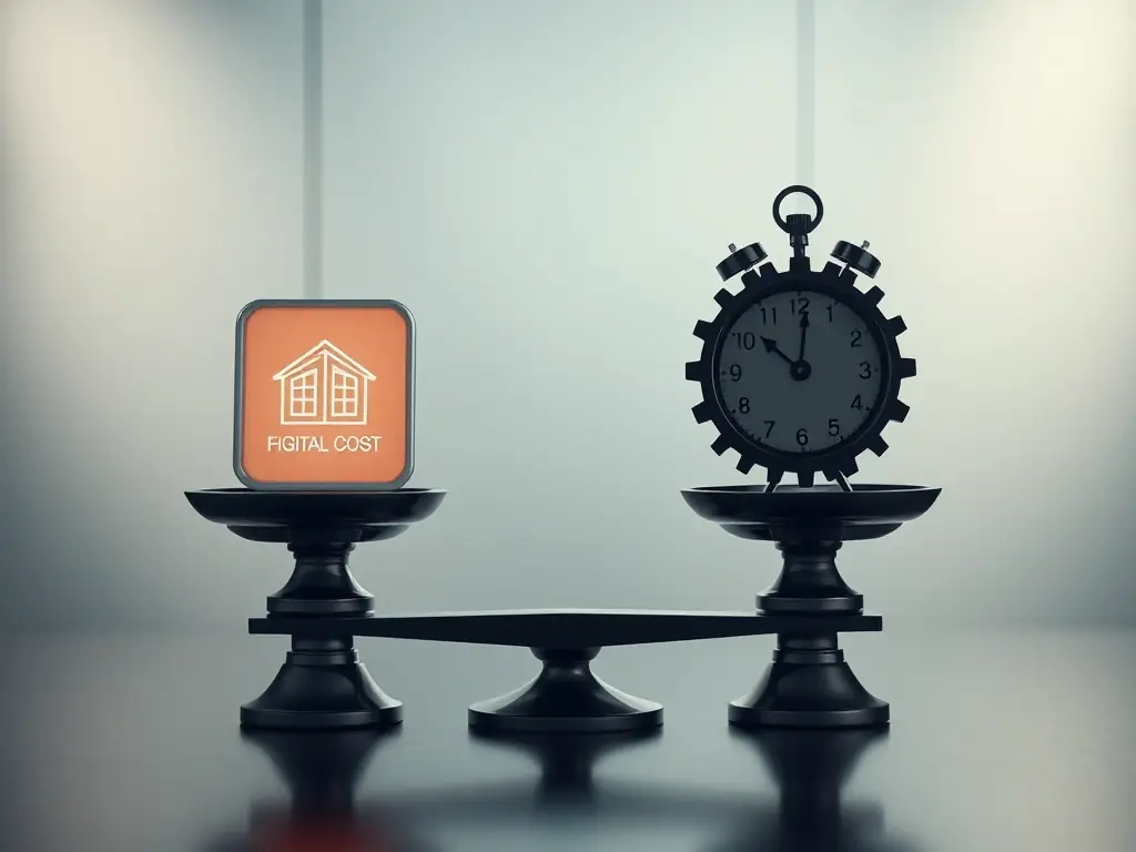 A balanced scale representing the decision-making process between fixed-cost and time-and-material models, highlighting the importance of choosing the right approach.