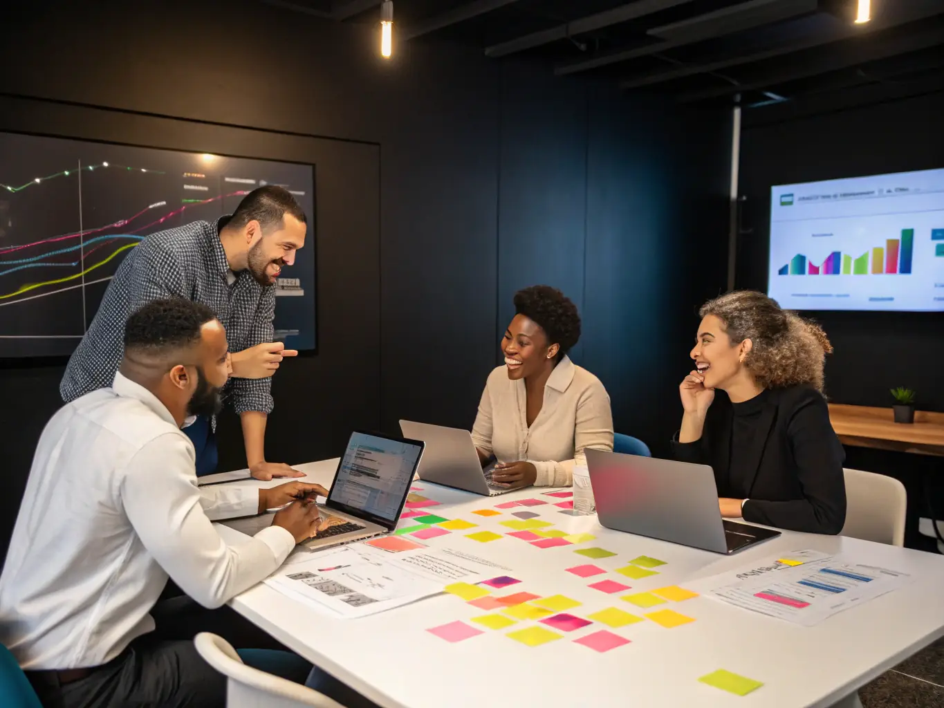 A diverse team collaborating around a digital whiteboard, brainstorming and planning AI integration strategies for a large enterprise.