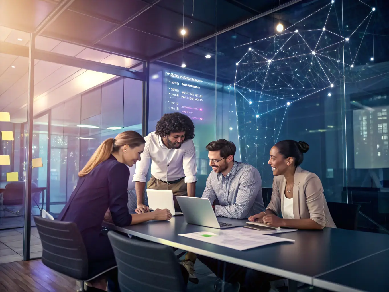 A dynamic team of IT professionals collaborating in a modern office environment, symbolizing the flexibility and adaptability of the time-and-material model.