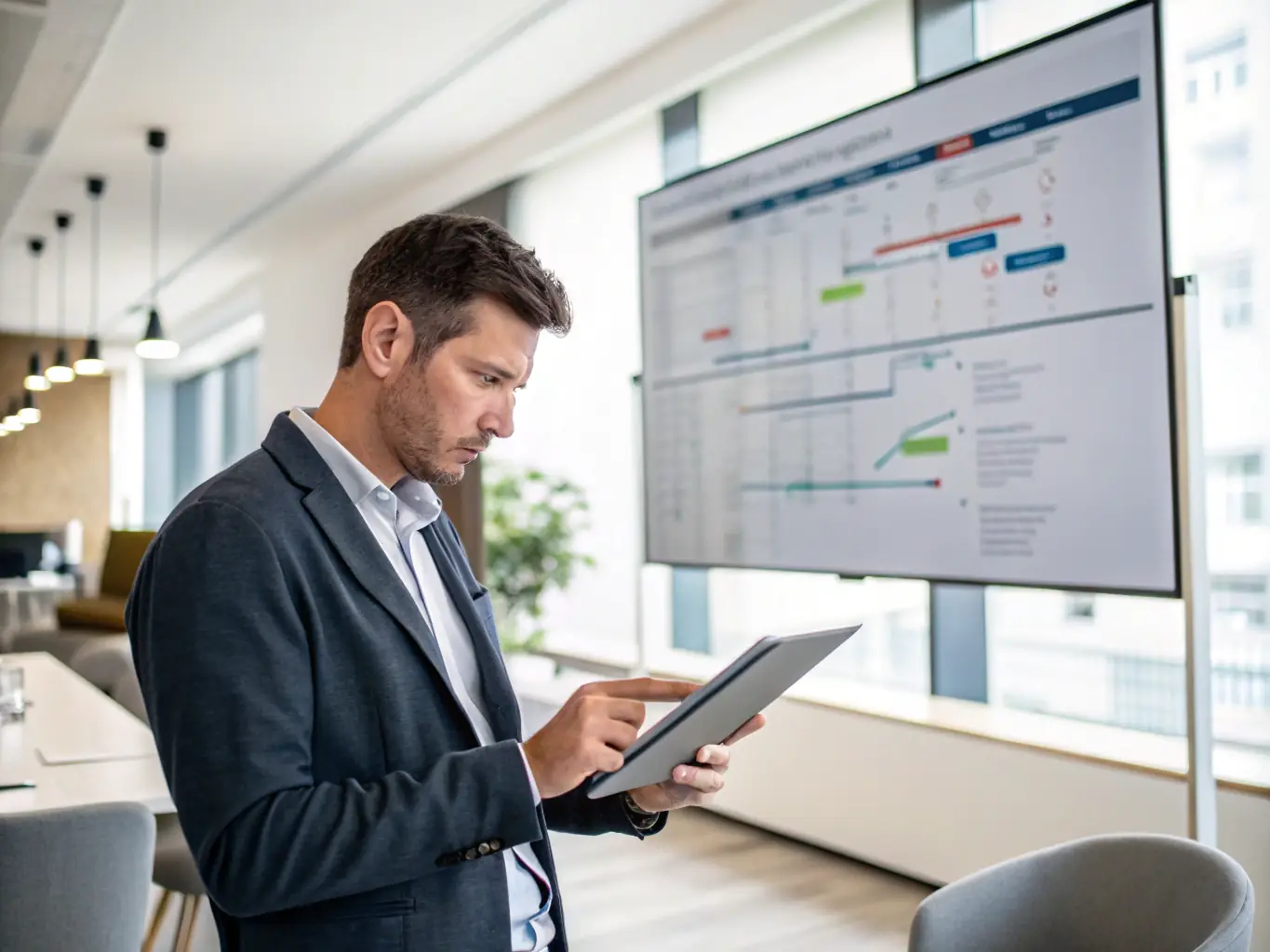 A professional IT project manager overseeing a project timeline on a digital dashboard, representing the fixed-cost model with clear milestones and deadlines.