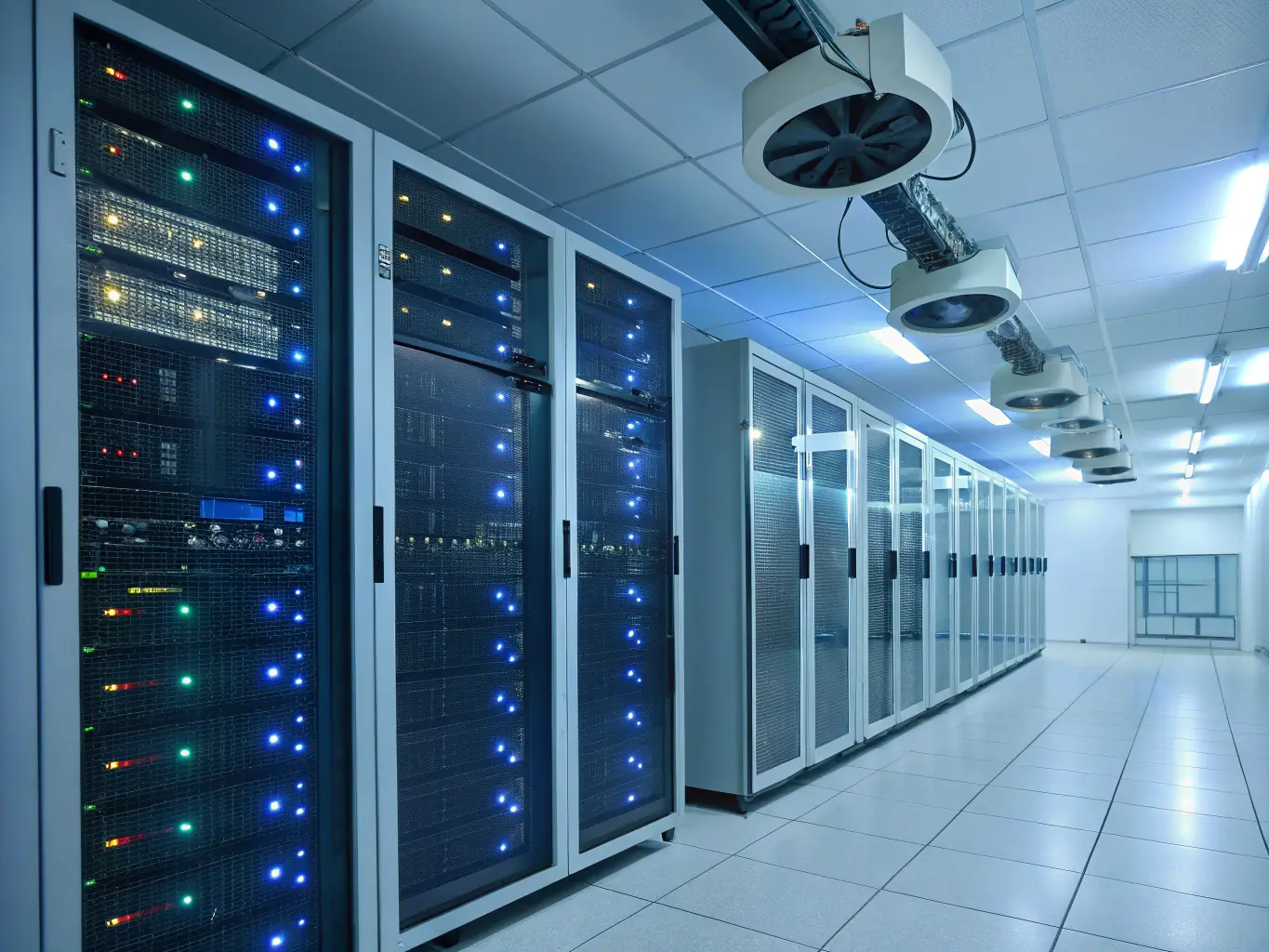 A secure cloud server room with blinking lights, representing the secure and scalable infrastructure that supports iTransfluence's AI solutions.