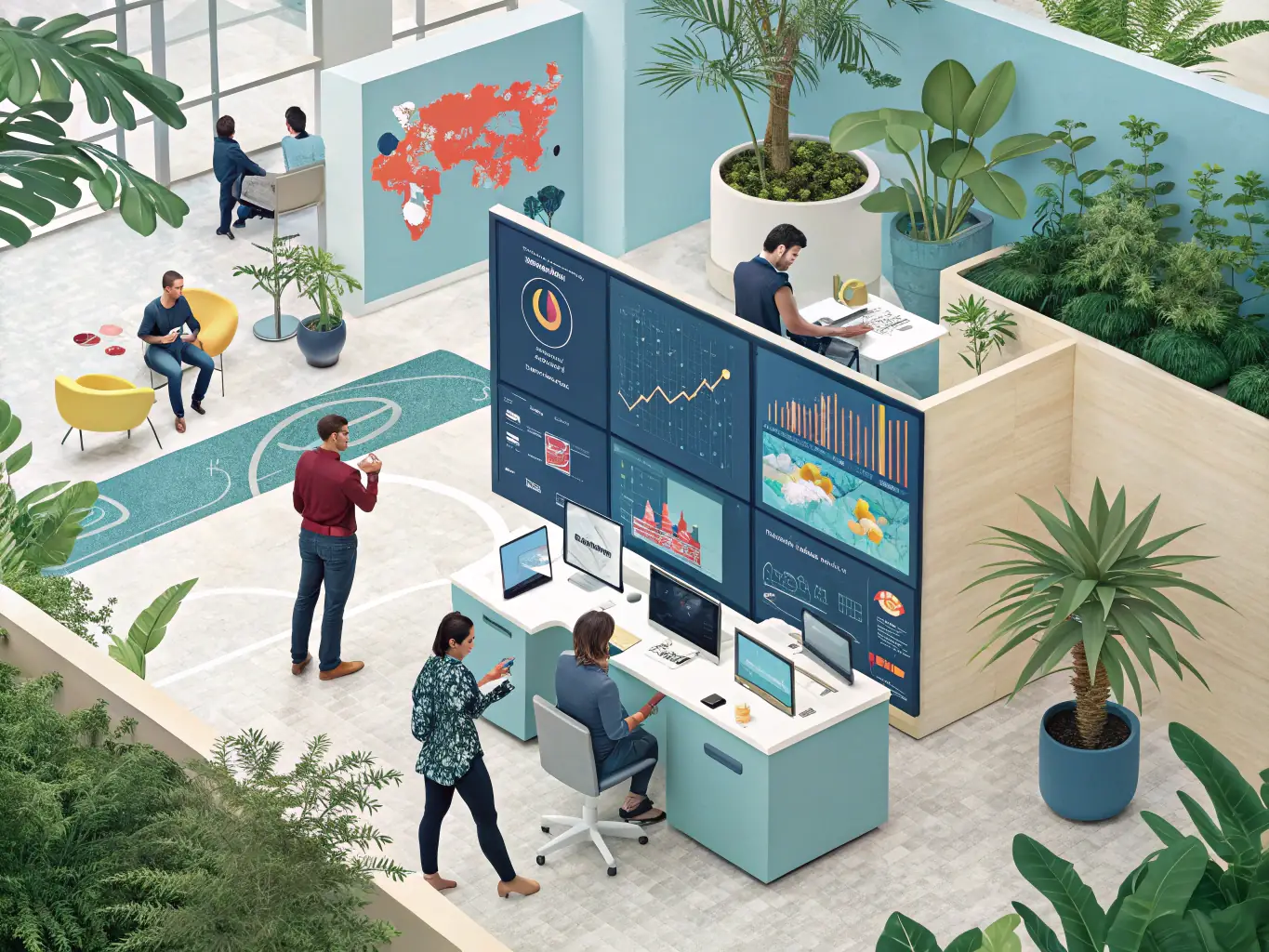 A digital illustration depicting an AI employee working seamlessly alongside human employees in a modern office environment, showcasing collaboration and efficiency.