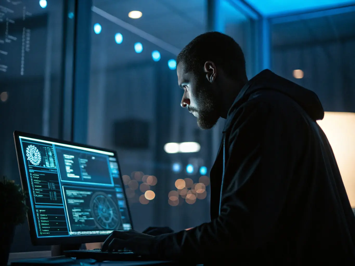 A visual representation of an AI employee making a strategic decision based on data and algorithms, leading to a positive business outcome.