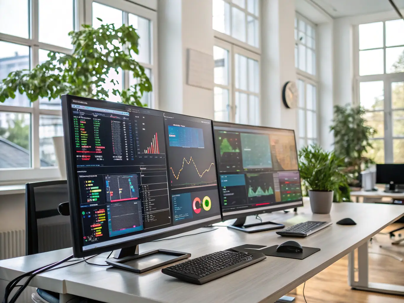 A professional workspace setup with a large monitor displaying a data analytics dashboard, showcasing AI-driven insights and performance metrics.