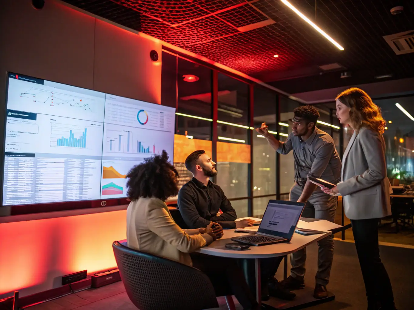 A professional office setting with employees collaborating around a large interactive display showcasing AI-driven data analytics and insights, symbolizing improved decision-making.