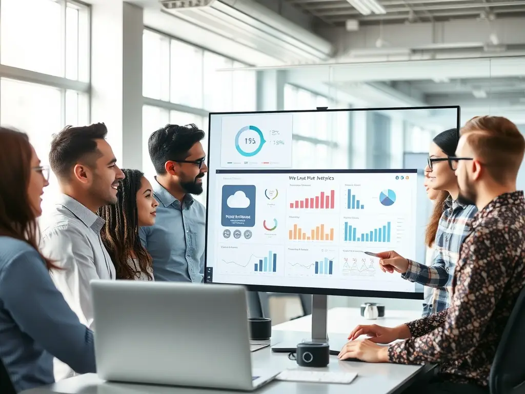 A professional team collaborating around a digital dashboard displaying AWS cloud infrastructure metrics, symbolizing increased efficiency and real-time monitoring.