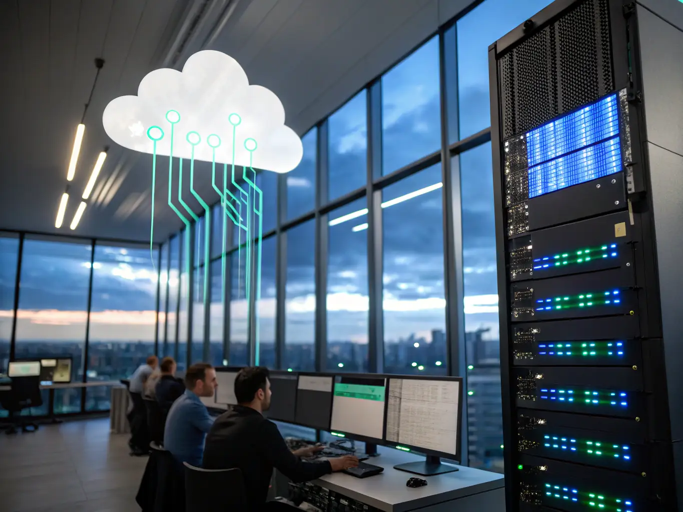 A visually appealing image representing iTransfluence's cloud migration services, showing data flowing seamlessly between on-premises infrastructure and the cloud.