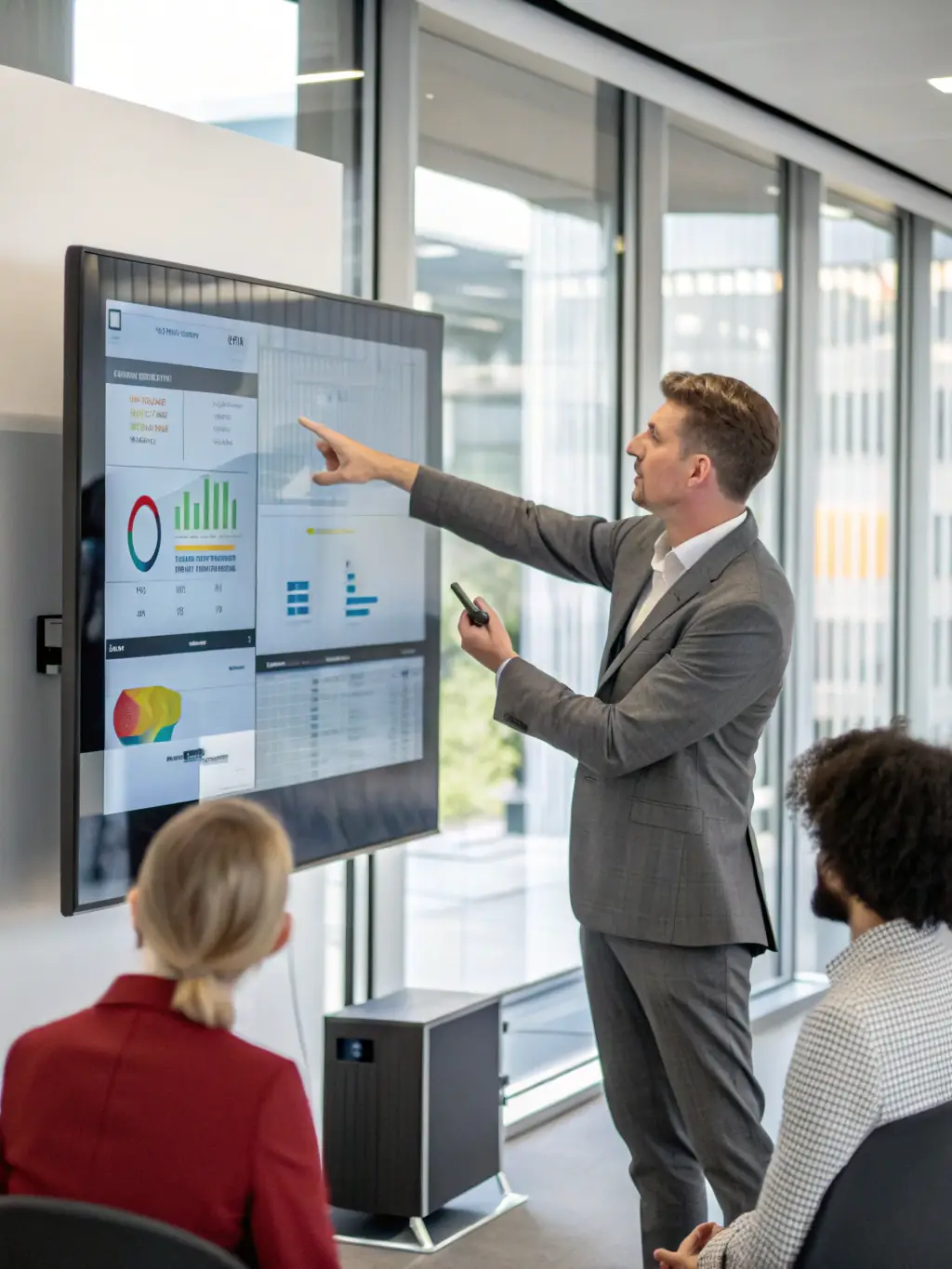 A professional consultant is presenting Oracle implementation strategies to a diverse team in a modern office setting, emphasizing iTransfluence's expertise.