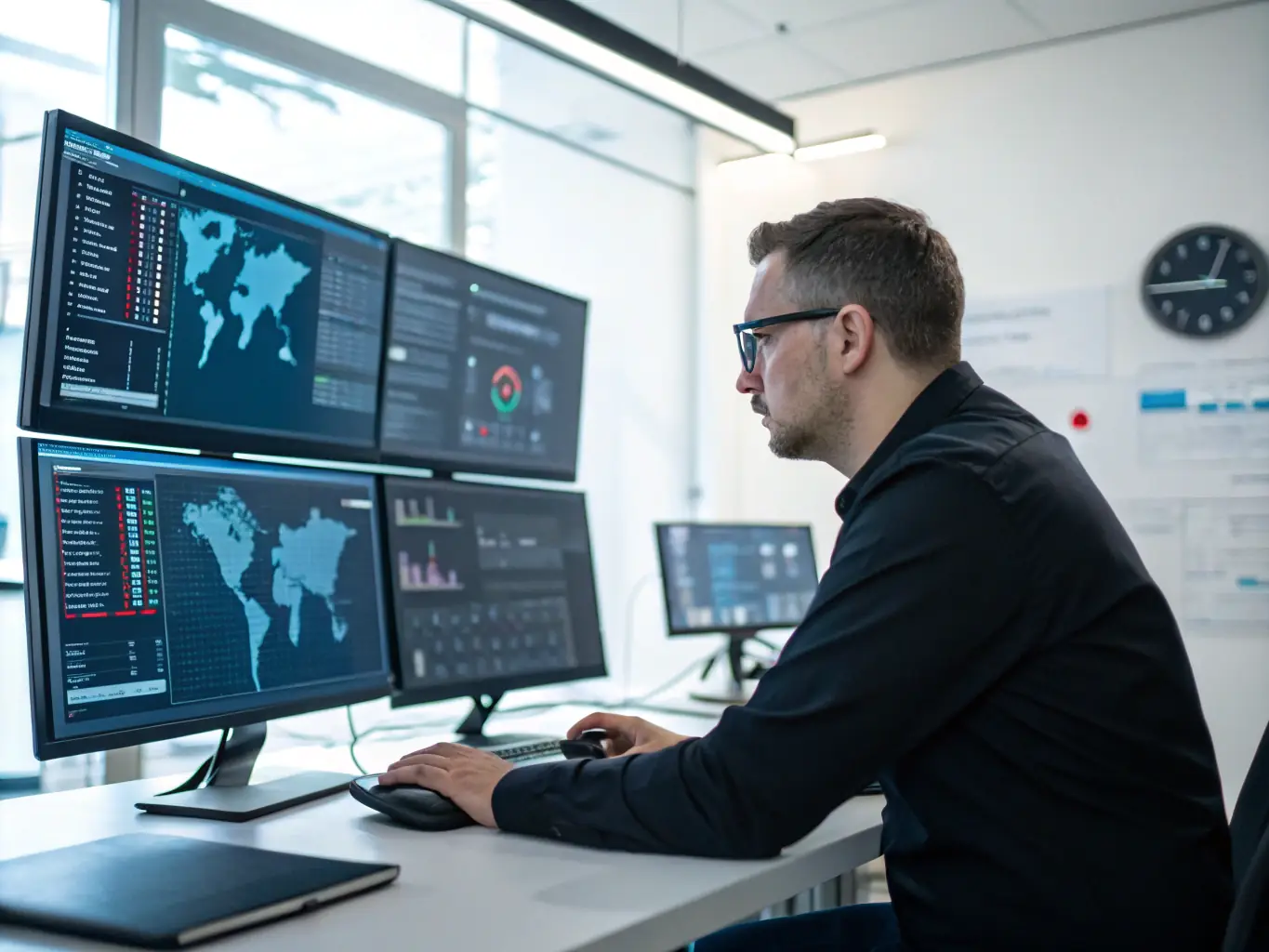 A modern graphic illustrating iTransfluence's cybersecurity solutions, emphasizing threat detection, data protection, and compliance.