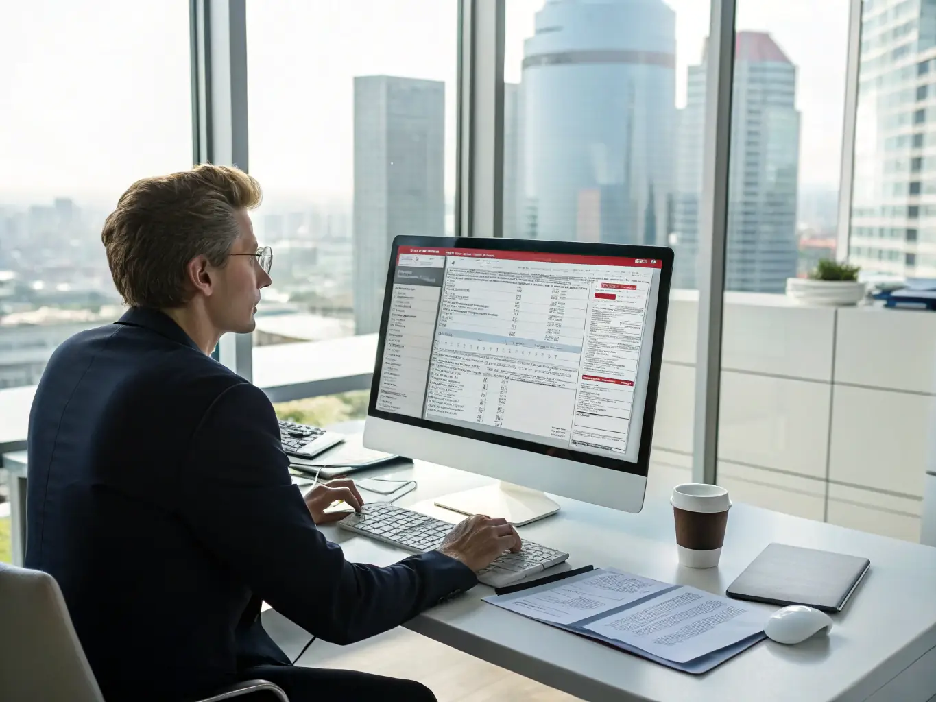 A professional showcasing the implementation of Oracle Fusion software, highlighting the seamless integration and user-friendly interface within a modern office environment.