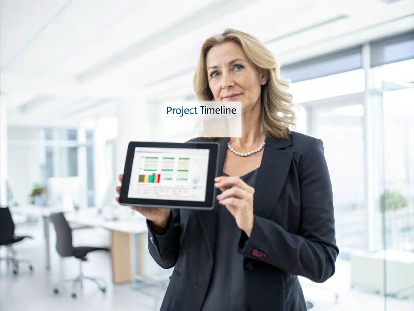 A professional showcasing a successful SAP implementation on a tablet, highlighting the user-friendly interface and data insights.