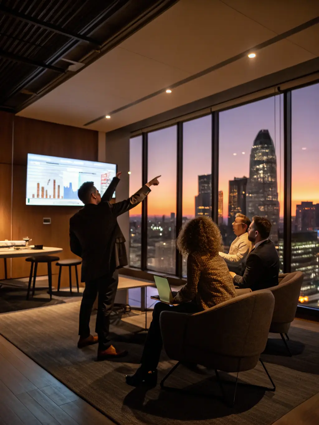 A diverse team of iTransfluence consultants collaborating around a digital whiteboard, brainstorming AI solutions for JD Edwards, showcasing a collaborative and innovative environment.