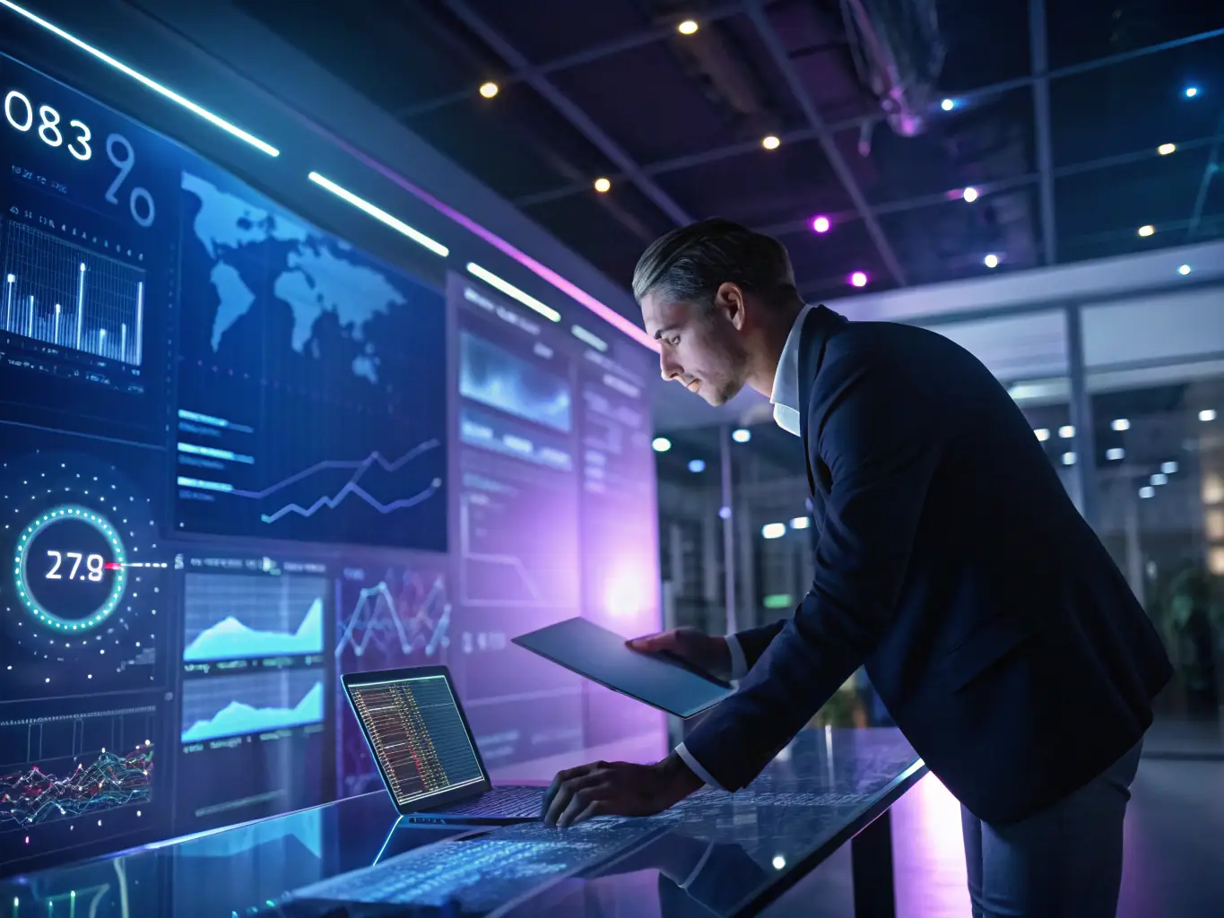 A professional showcasing iTransfluence's AI-powered data analytics dashboard, highlighting real-time insights and predictive analytics for business optimization.