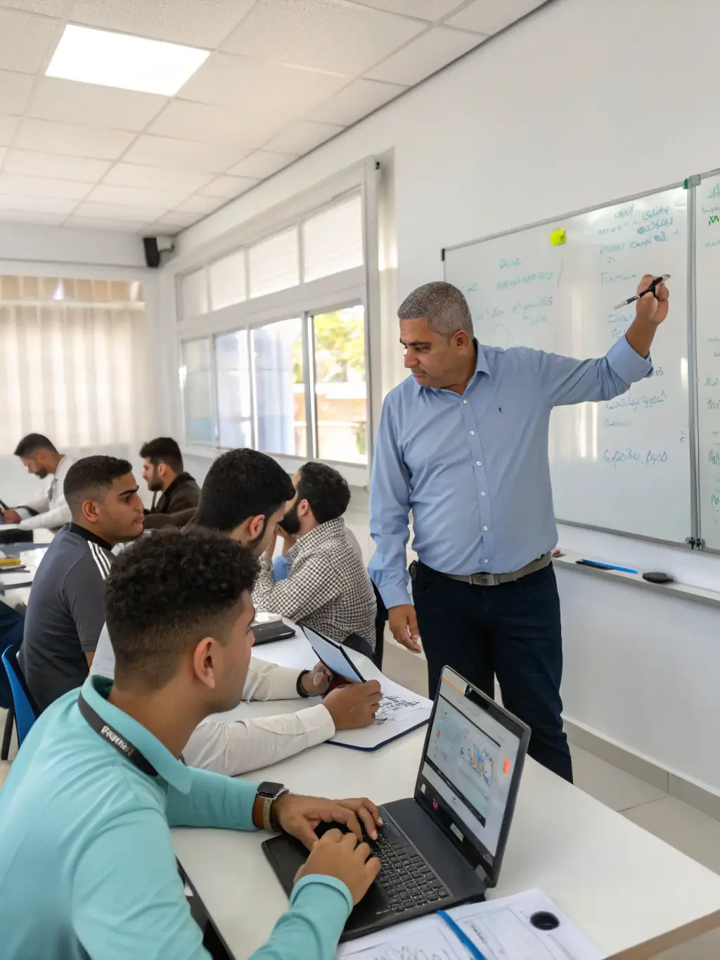 A group of trainees are actively participating in an Oracle training session, with an iTransfluence instructor guiding them through the software.