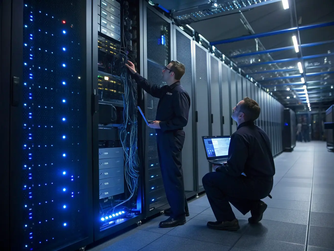 A team of IT professionals monitoring SAP system performance on a large screen in a modern data center.