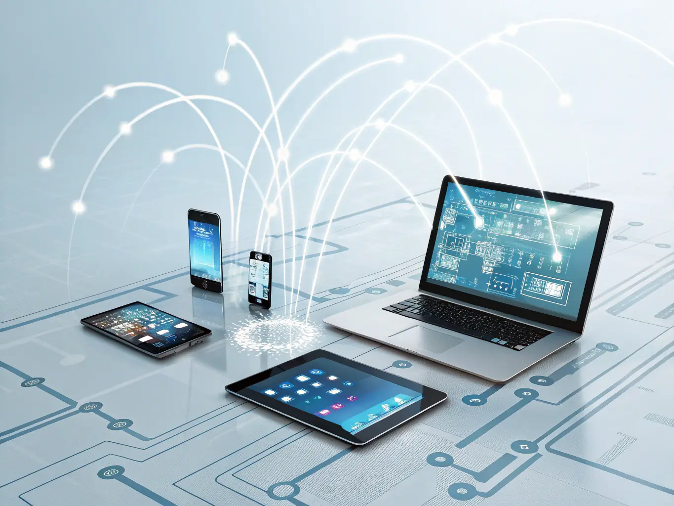 A dynamic image showcasing a network of interconnected digital devices, symbolizing the integration and efficiency achieved through iTransfluence's digital transformation services.