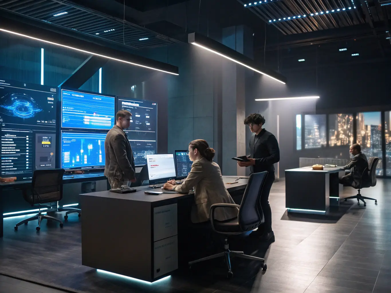 A modern office environment where AI-powered automation is seamlessly integrated into daily tasks, showing increased efficiency and productivity.