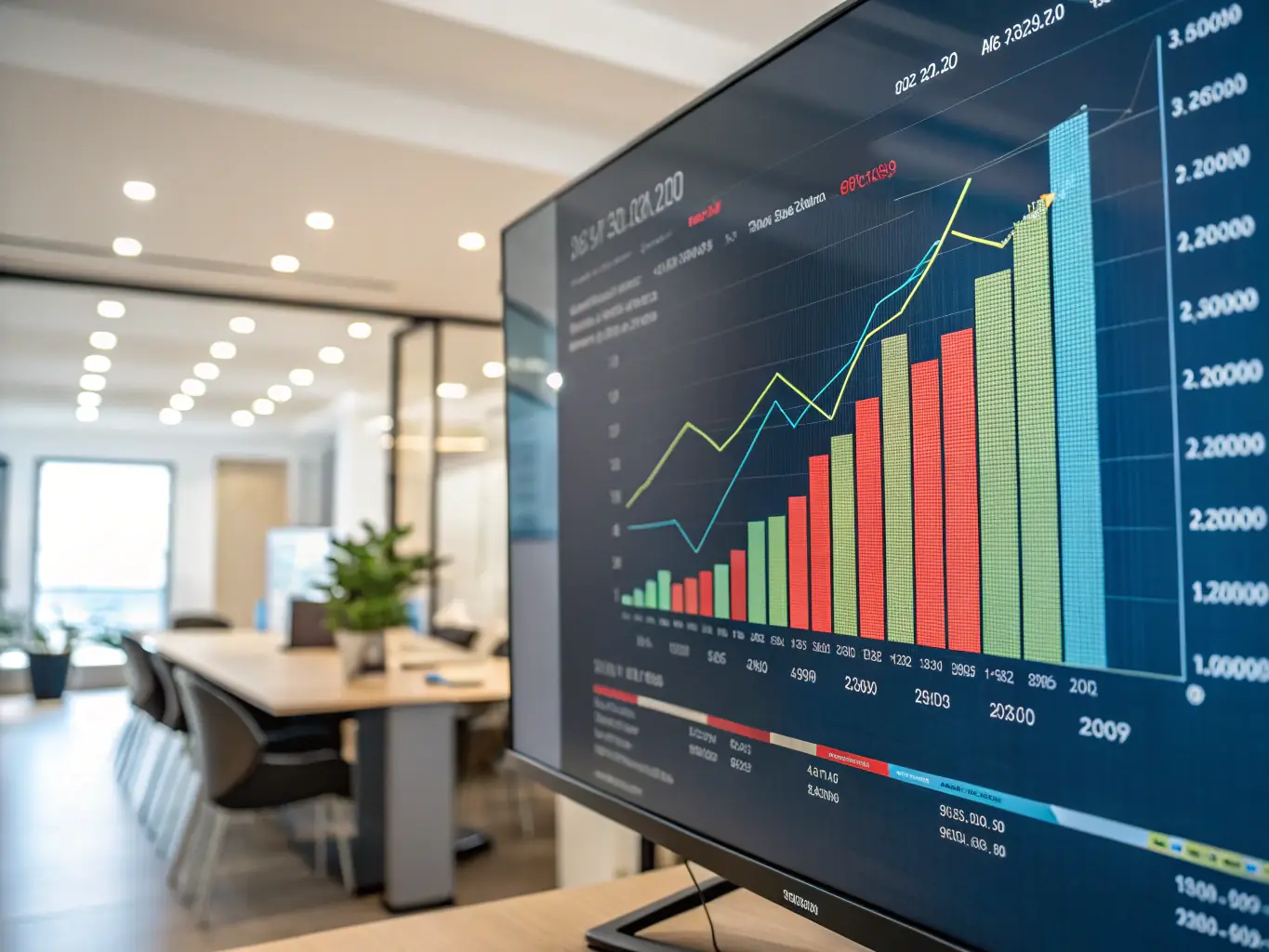 A graph depicting a significant increase in ROI as a result of implementing AI solutions, set against a backdrop of a thriving business environment.